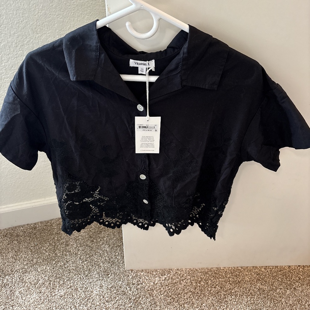 Vitamin A, swim, black lace, short sleeve top new with tags extra small oversize